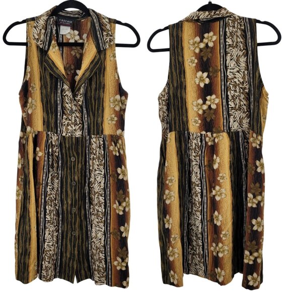 Vtg 80s Tropical Floral Button Front Dress Sz M Sleeveless Rayon Brown Pockets - Picture 1 of 12